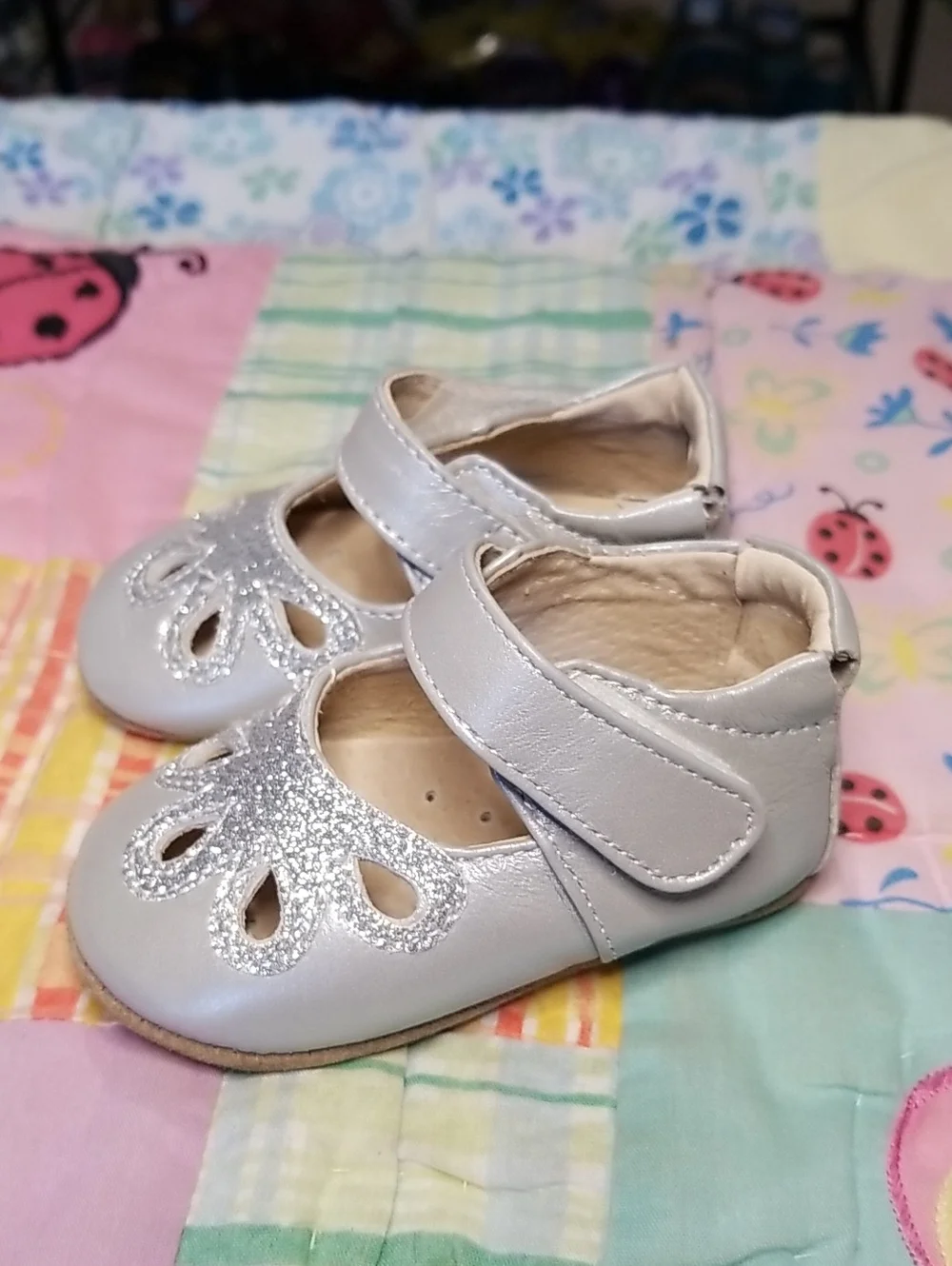 Livie & Luca Silver Leather Mary Jane With Silver Glitter 0-6 Month Petals